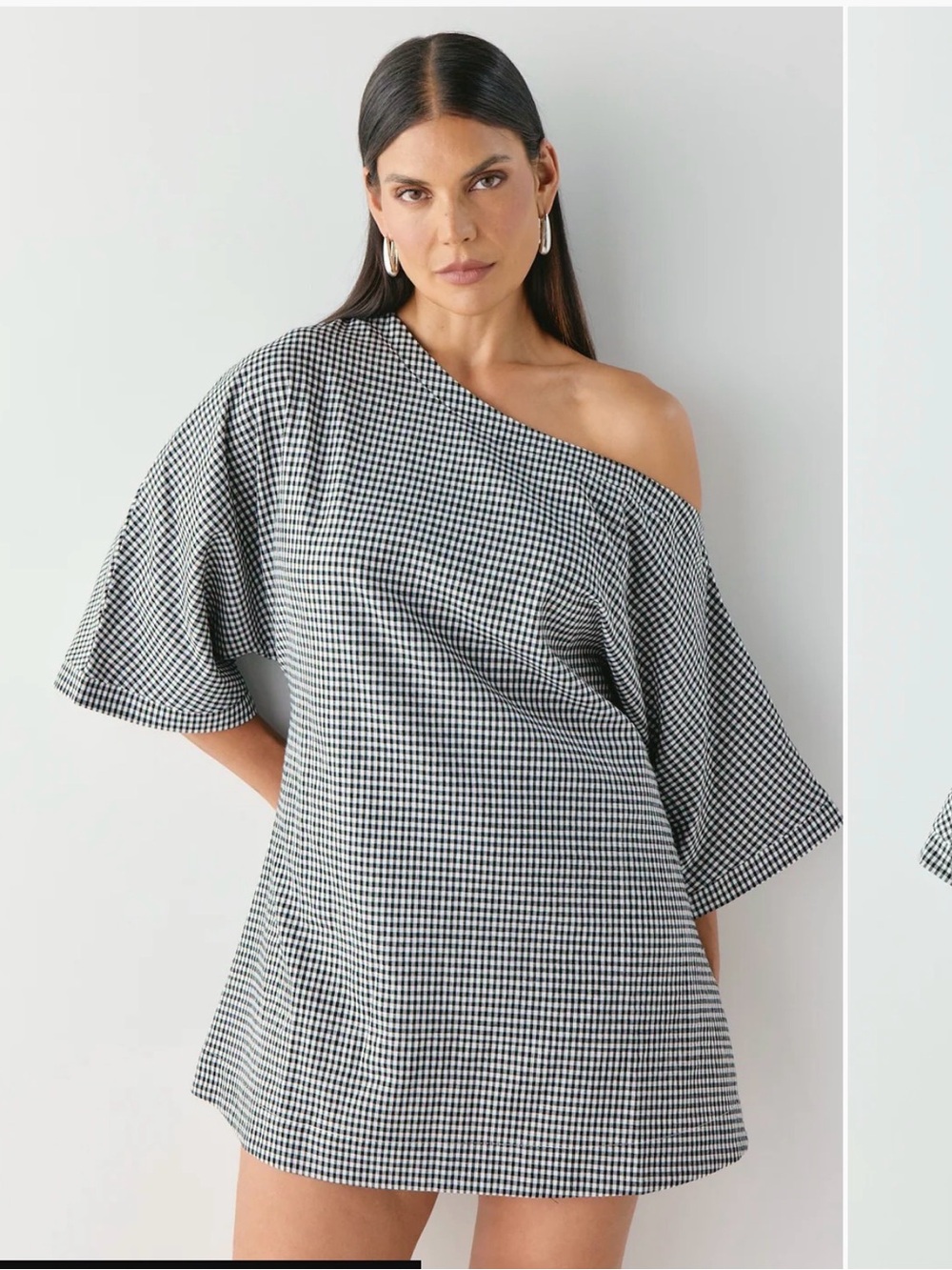 One-Shoulder Gingham Mini Dress in Black and White